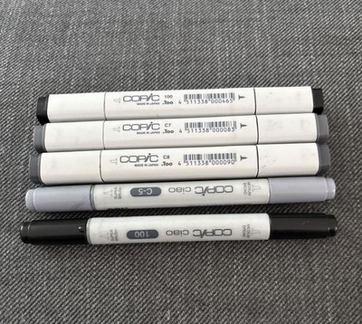 5 Copic Markers Double Tipped, Black, Gray, 2 W/ Brush Ends Excellent Condition