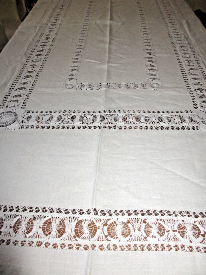 Tafeltuch weiß, Leinen 220 x 147  cm,  Frankreich, antik,  Handarbeit, Spitze