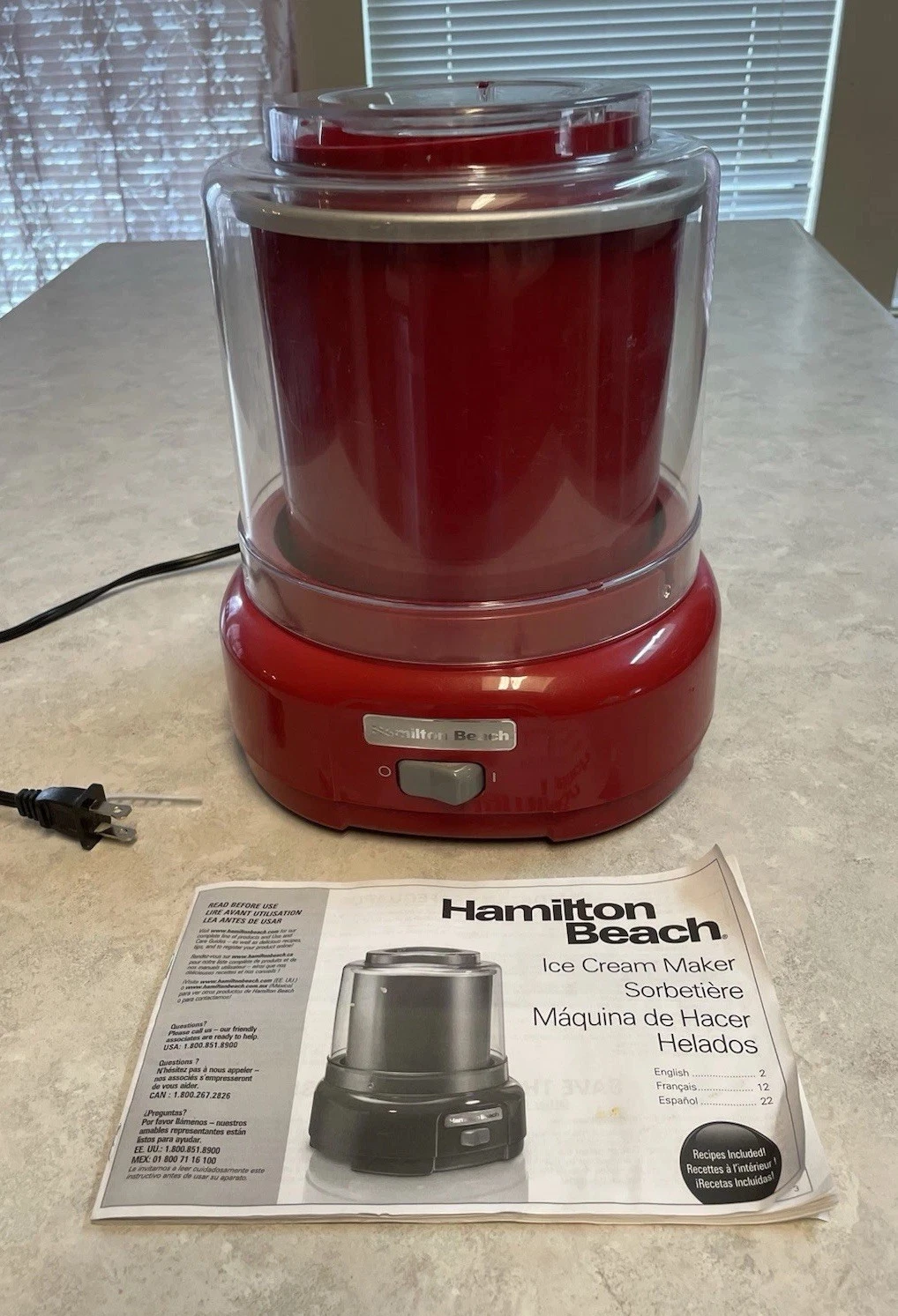 Hamilton Beach Electric Ice Cream Maker 1 Qt Red Freezer Bowl Clear Lid, Manual