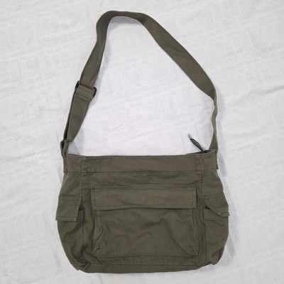 Vintage Olive Green Canvas Messenger Bag Y2K Grunge Gorpcore Crossbody Utility