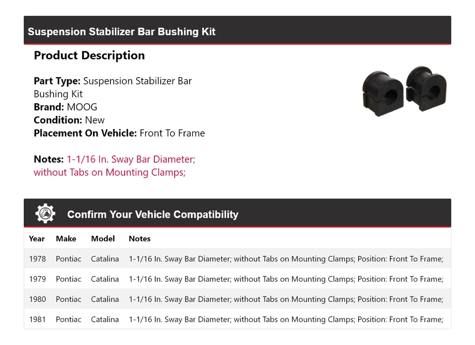 For 1978-1981 Pontiac Catalina Suspension Stabilizer Bar Bushing Kit MOOG 1978 - Image 2 of 4