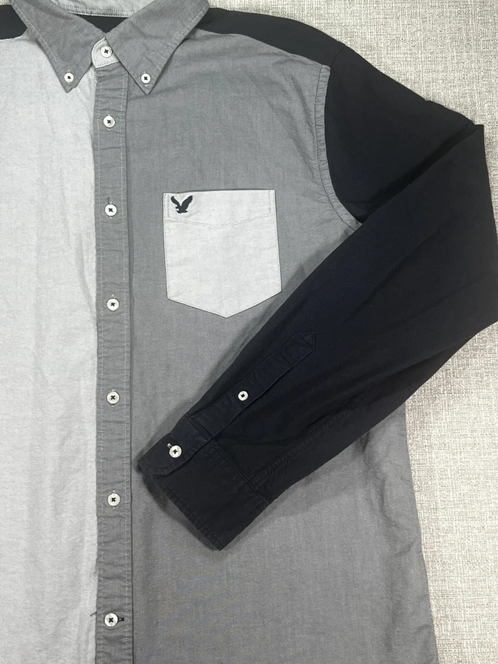 Camisa American Eagle Adulto Grande Azul Gris Abotonada Manga Larga Logo Bolsillo Foto 3 de 4