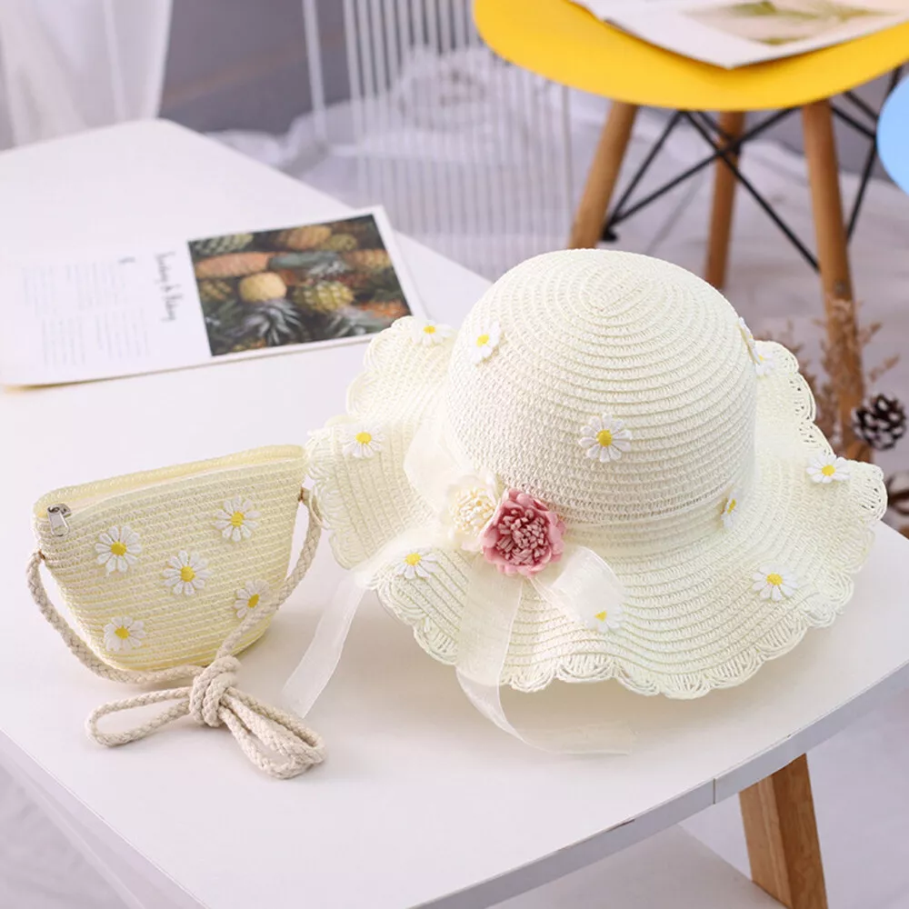 2 Pcs baby girl sun hat toddler Daisy Strawhat And Bag Casual