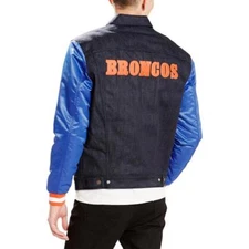 NEW MENS NFL LEVIS STRAUSS DENIM DENVER BRONCOS VARISTY TRUCKER JACKET SIZE XL