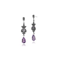 Jugendstil Stil Birne Amethyst & Markasit Tropfen Ohrringe 925 Sterlingsilber
