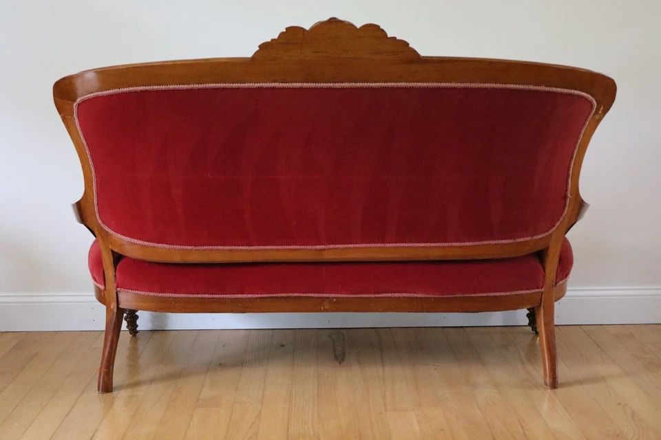 Antique Victorian Carved Grapes Walnut Tufted Parlor Sofa + Three Parlor Chairs - Image 4 of 4