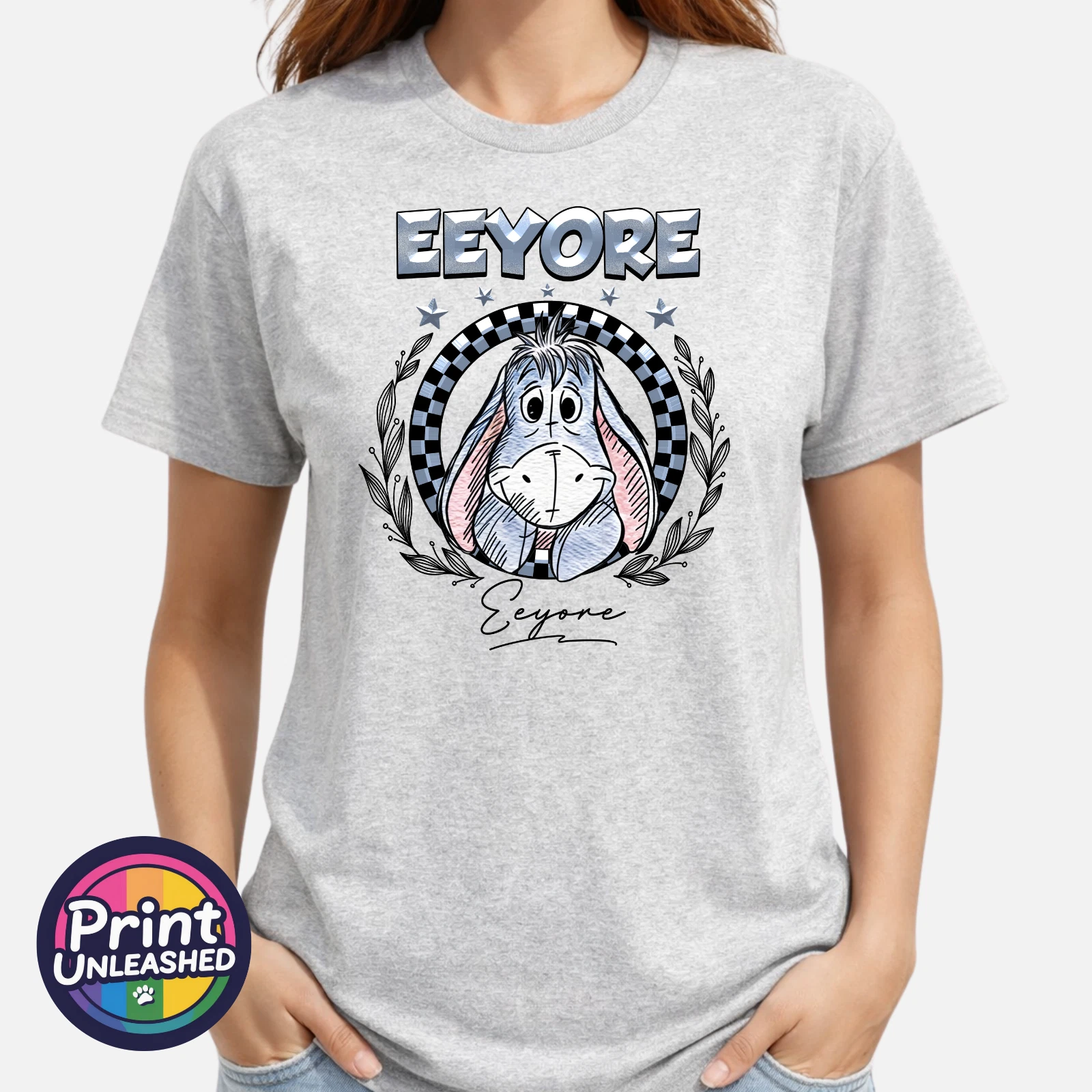 Round Chequered Eeyore Printed Gildan T-Shirt Adult Unisex S-2XL Birthday Gift