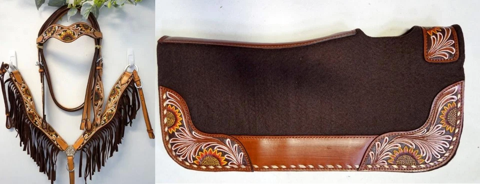 EQUITEM Felt Pad Brown Painted Floral 24x24" Option 2 styl Headstall Bp Fringe Full/Pony