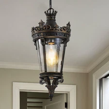 17.7'' Antique Crown Outdoor Pendant Light for Porch Glass Shade Ceiling Fixture