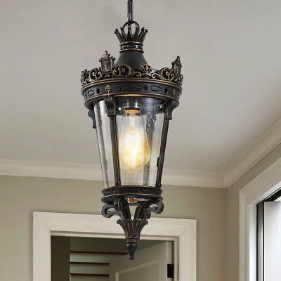 ARLGSITE 17.7'' Antique Crown Outdoor Pendant Light for Porch Glass Shade Ceiling Fixture