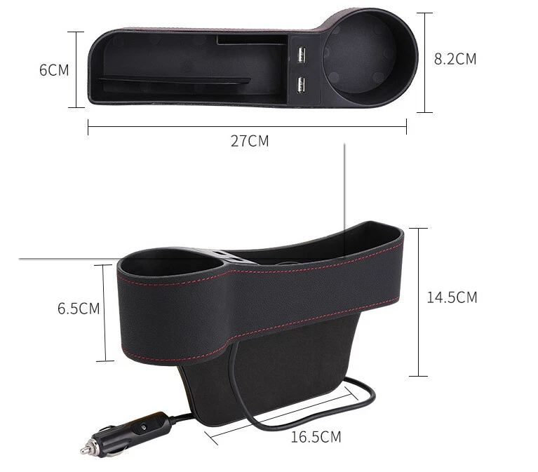 Car Right Side Seat Gap Storage Box Crevice Organizer Dual USB Cup Holder Black - Image 2 of 4