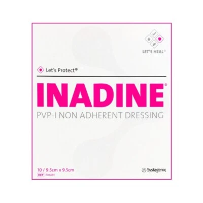 SYSTAGENIX Inadine Dressings - Iodine Non-Adherent - 9.5cm x 9.5cm - Pack Of 10 Dressings -