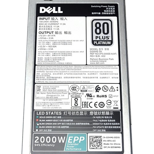 Dell J5WMG PowerEdge FX2 2000W EPP 80+ Platinum C19 Input Power Supply REV A02 - Afbeelding 4 van 4