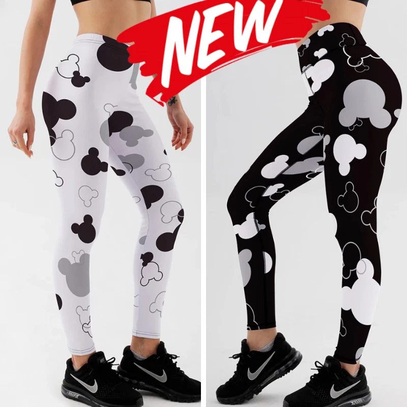 New Womens Mickey Mouse Yoga Leggings Disney Workout Pants (Black or White)