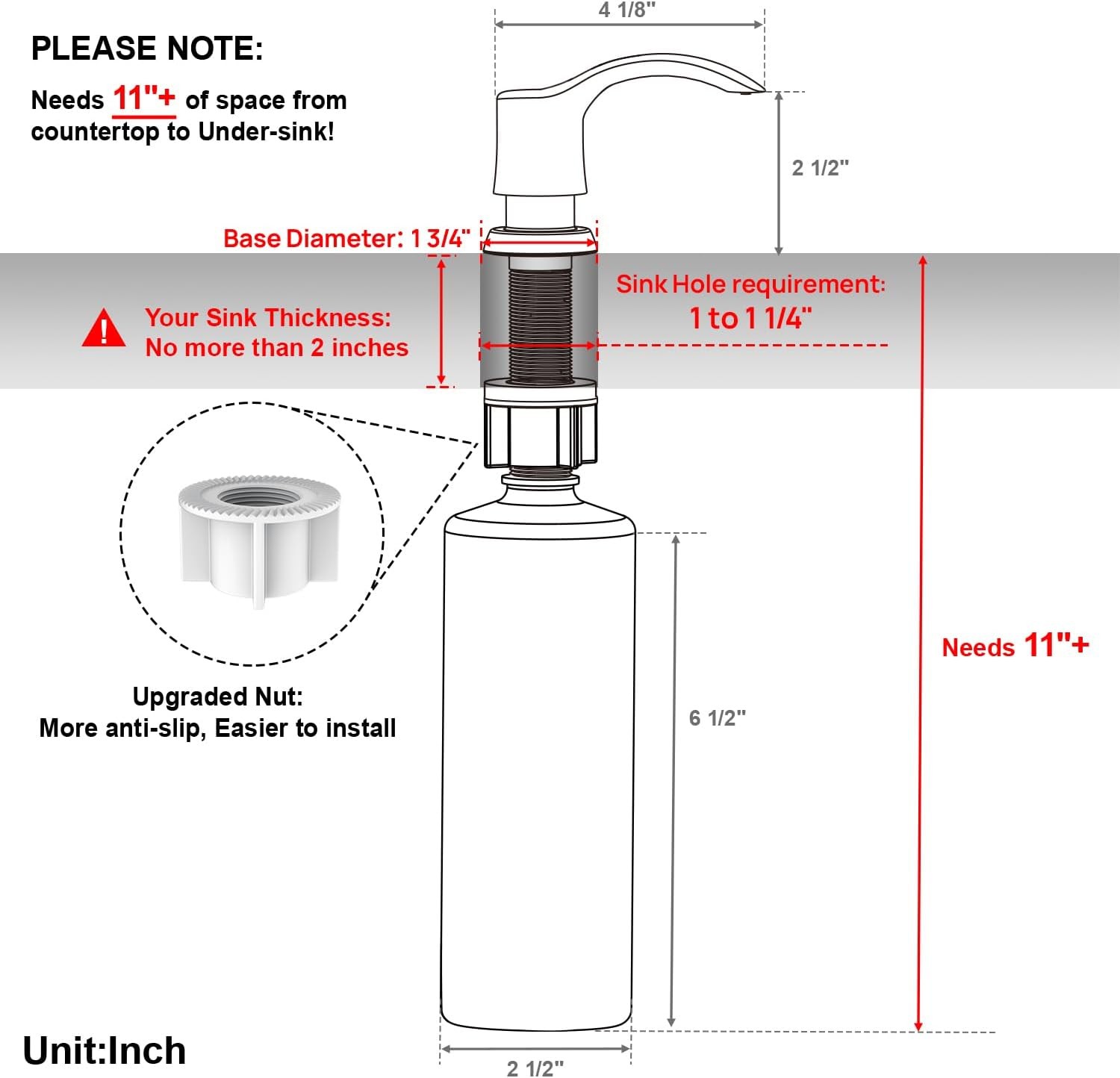 GAGALIFE Kitchen Sink Soap Dispenser with Large Bottle Brushed Nickel 