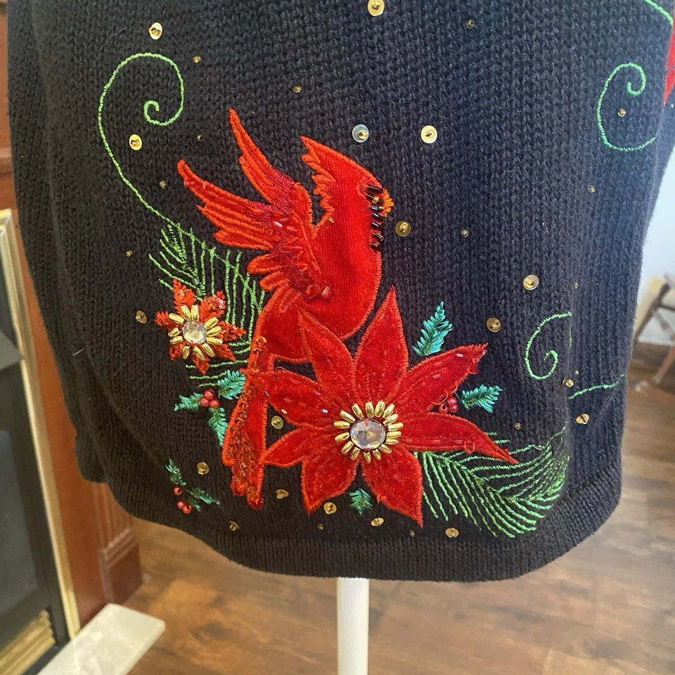 Kikit Vintage Navidad Suéter Chaleco L Cardenales Flores de Pascua Bordado con Cuentas  Foto 4 de 4