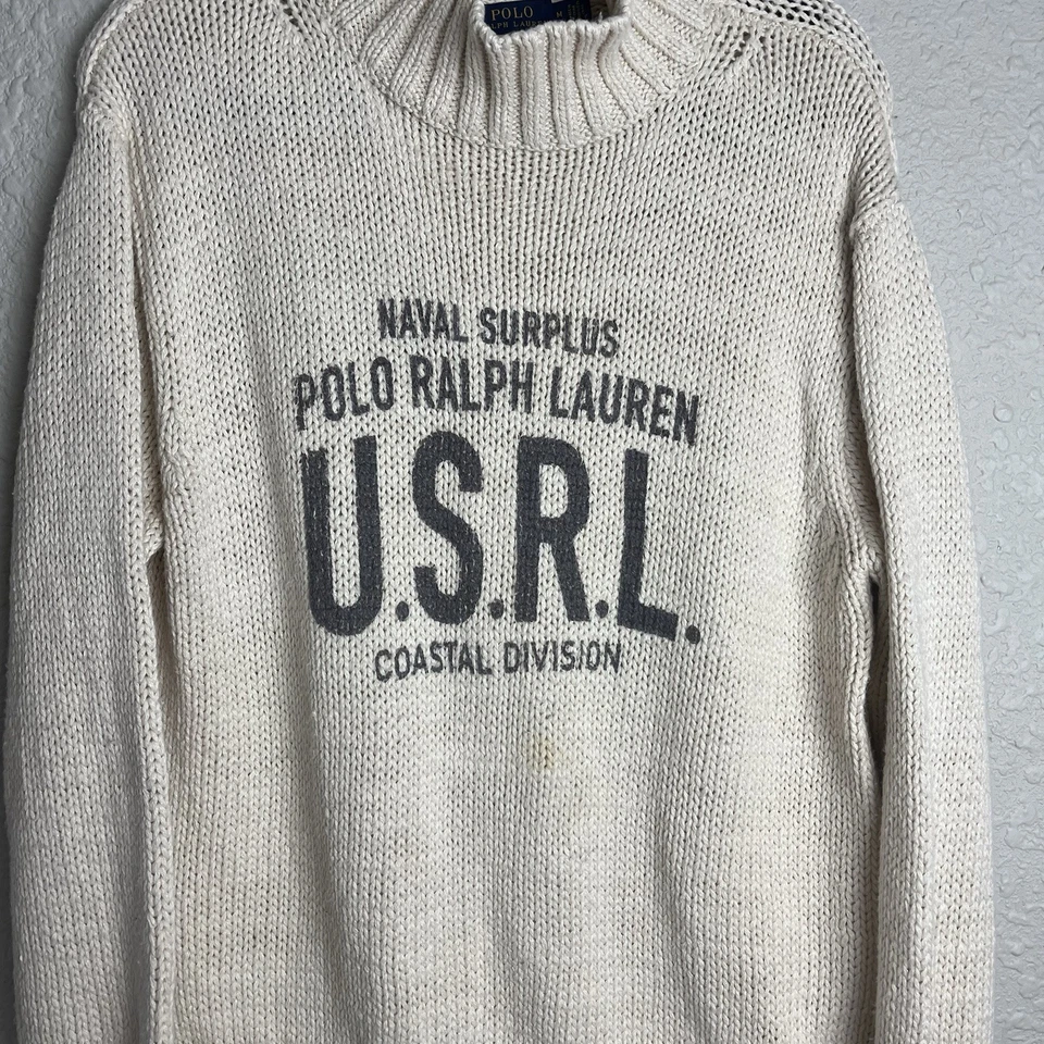 Suéter Polo Ralph Lauren M Coastal Division Naval Excedente Decote Simulado Mancha Creme - Imagem 4 de 4