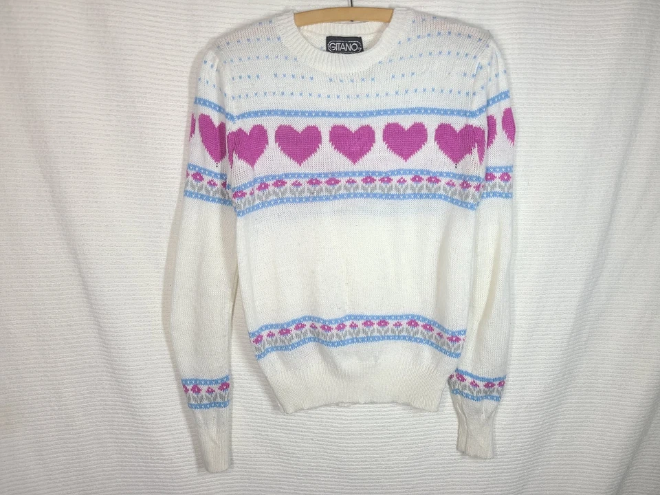 Vtg 80s Pink Hearts Sweater Intarsia NOS Gitano M 100% Acrylic Retro Mall Teen - Image 2 of 4