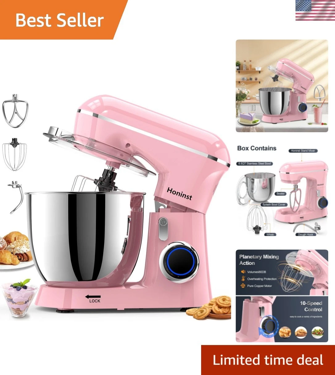 6.5QT Tilt-Head Stand Mixer with 10 Speed Control & Stainless Steel Bowl - Pink