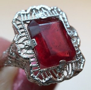 Antique 3.5ct Natural Emerald Cut Ruby Ring 10K White Gold Filigree