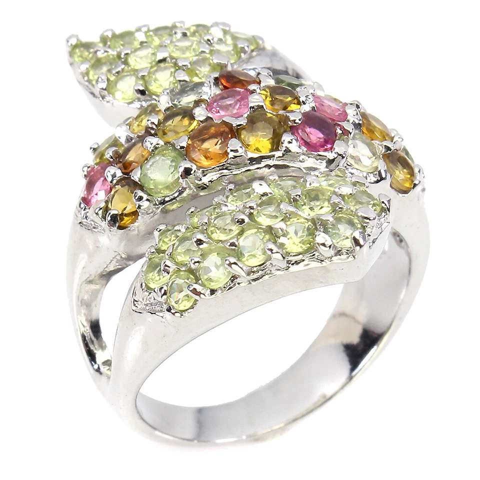 Anillo de plata de ley 925 redondo turmalina peridoto piedras preciosas naturales joyería talla 7 Foto 2 de 4