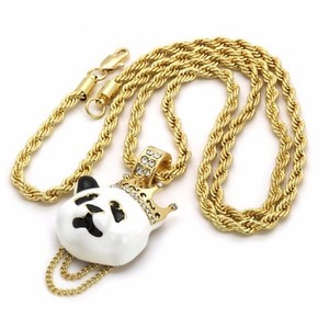 Authentic 14k Gold Plated Custom Crown Panda Pendant Cubic-Zirconia 24" Rope Chain
