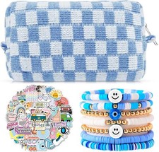 58 Pcs Checkered Makeup Bag Set Preppy Aesthetic Cosmetic Bag Travel Blue 