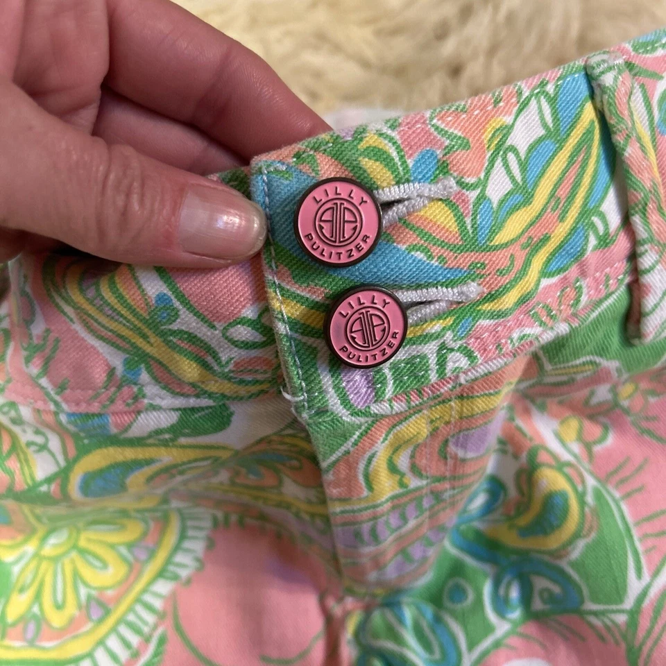 Pantalones Cortos Lilly Pulitzer Clifton Talla 6 Mentón Rosa Verde Paisley Puños Mono Foto 2 de 4