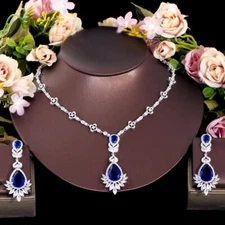 Long Blue Drop Silver Plated Earrings Necklace Cubic Zirconia Bridal Jewelry Set