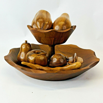 2 Tier Fruit Bowl Solid Walnut 7 Wood Fruit Vernon Vtg Vernco USA Hand Crafted