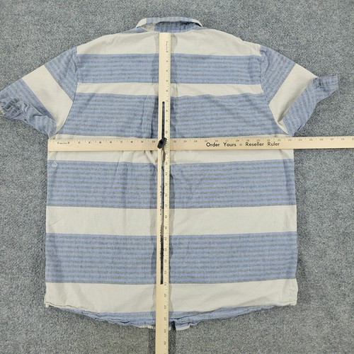 Volcom Button Shirt Men XL Blue Striped Slim Fit Short Sleeve Pocket Patch Adult - Picture 12 of 17