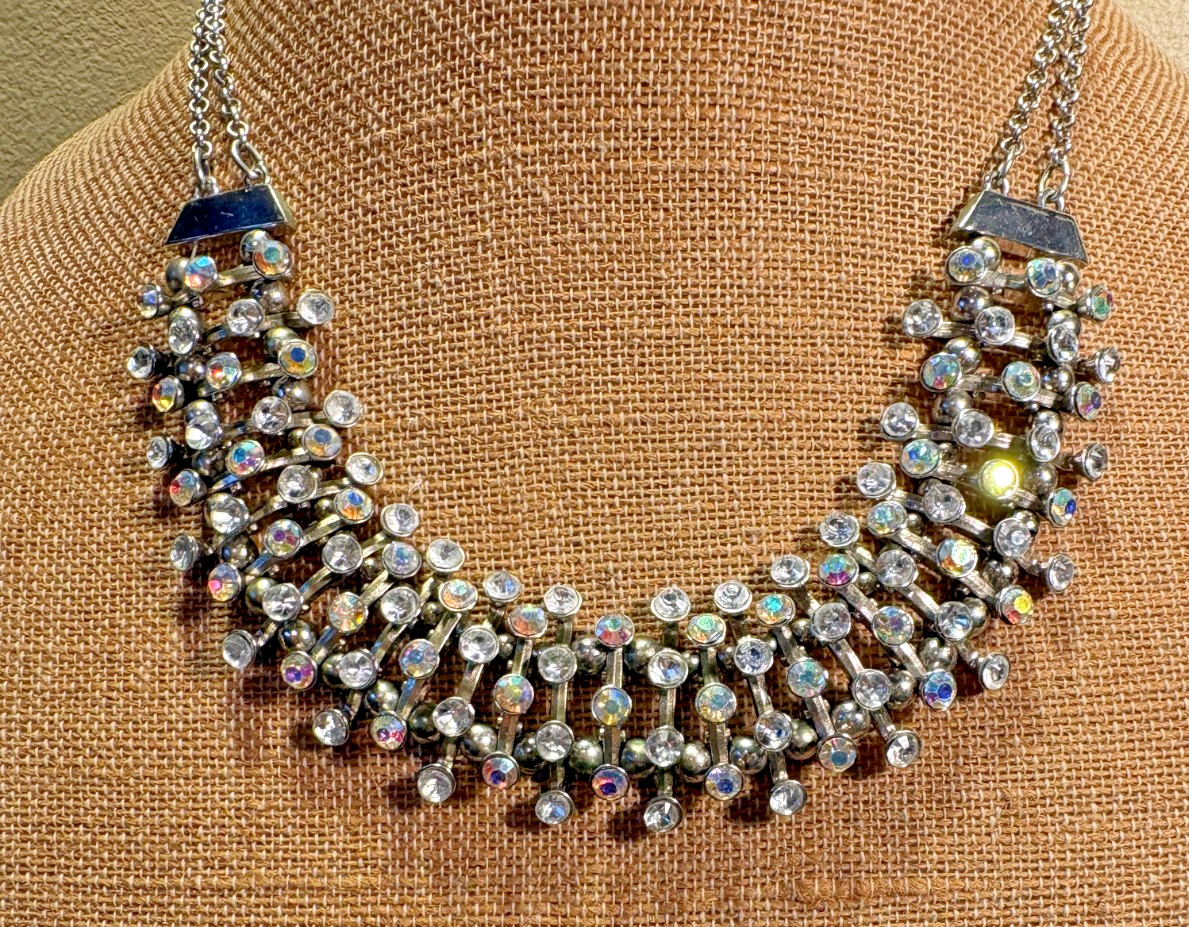 NY Rhinestone Silver Tone Statement Necklace - image 3