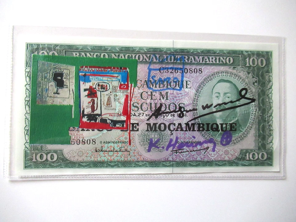 A. WARHOL/K. HARING/J. M.BASQUIAT: 100 SCUDI BANKNOTE 3x SIGNIERT, SKIZZIERT