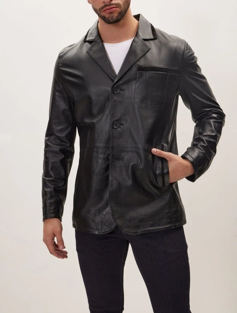 Leather Blazer Jacket Men's Coat Lambskin Soft Men Two Real Button 100% Black 21