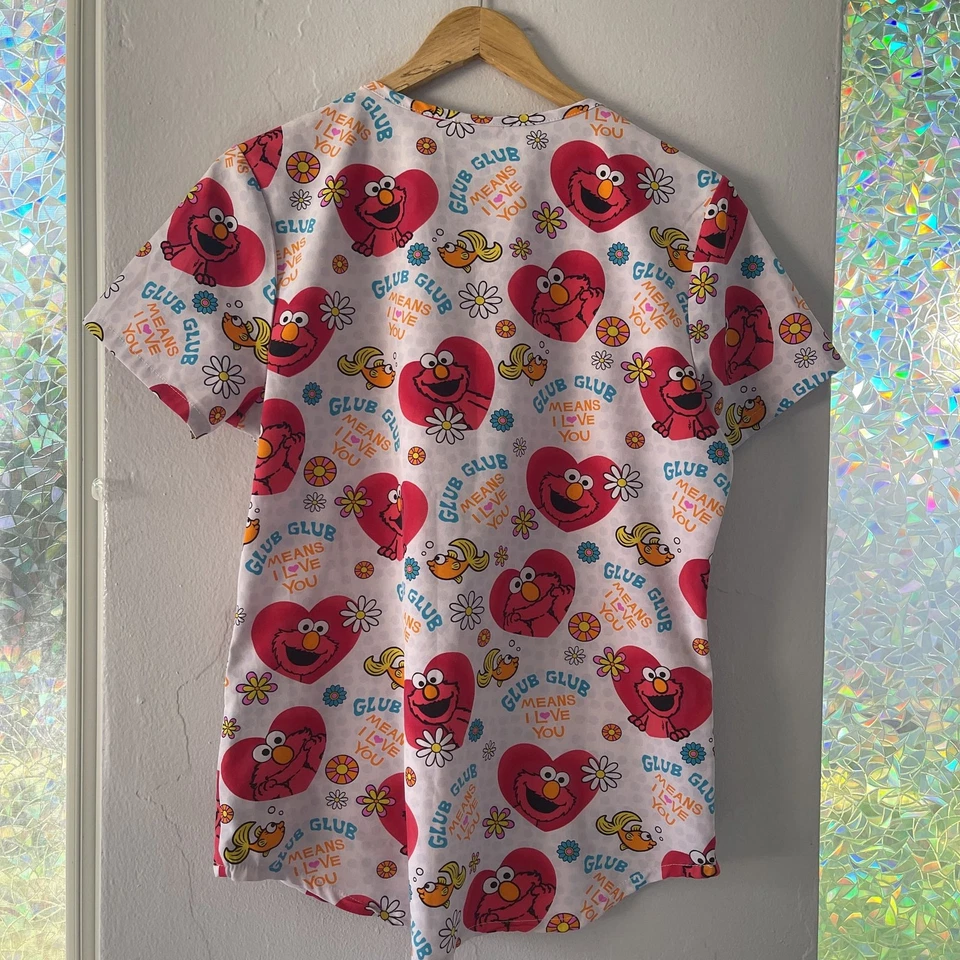 Elmo Heart Glub Glub Means I Love You Medical Scrub Top Estimated M - Image 3 of 3