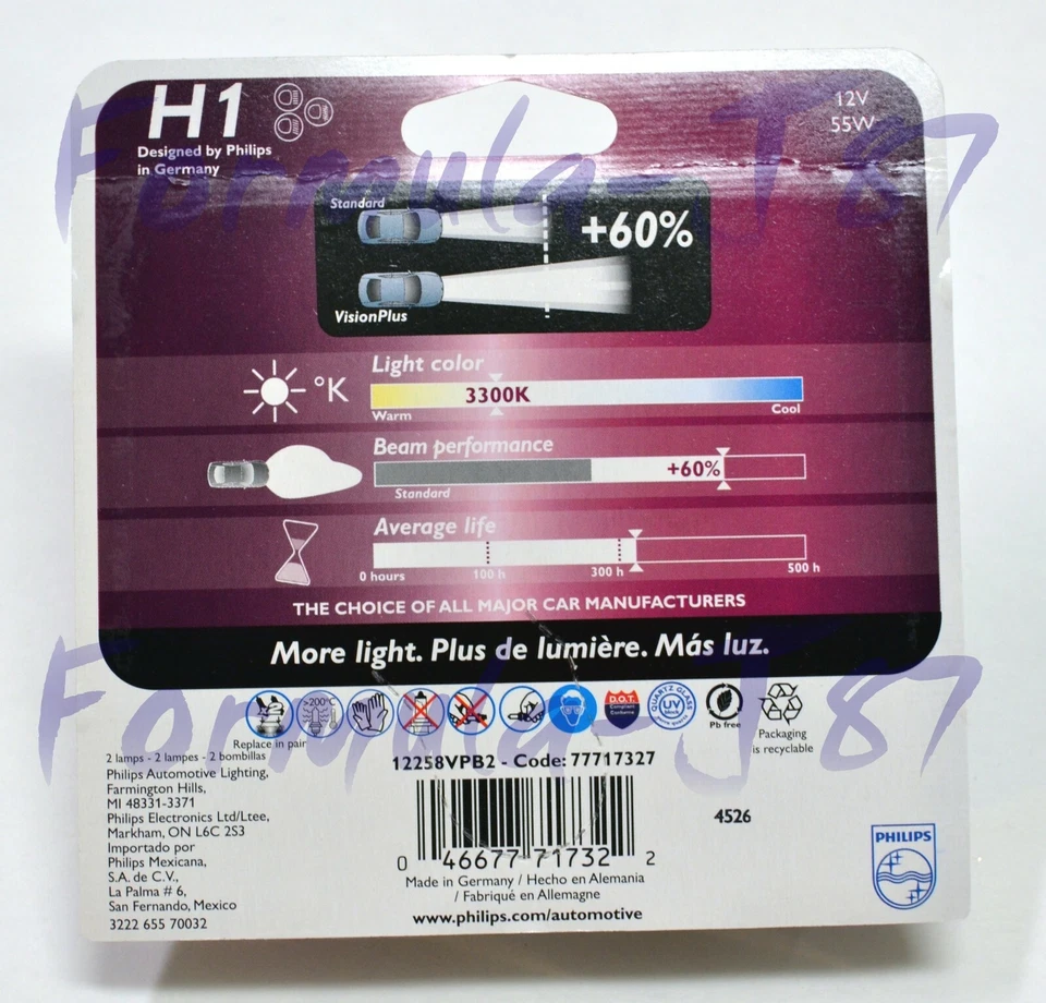 Philips VIsion Plus 60% H1 55W Two Bulbs Head Light High Beam Plug Play Lamp OE - Image 3 of 4