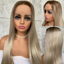 Extra Long Striaght Lace Front Heat Resistant Fiber Dark Roots Gray Heat Ok Wig