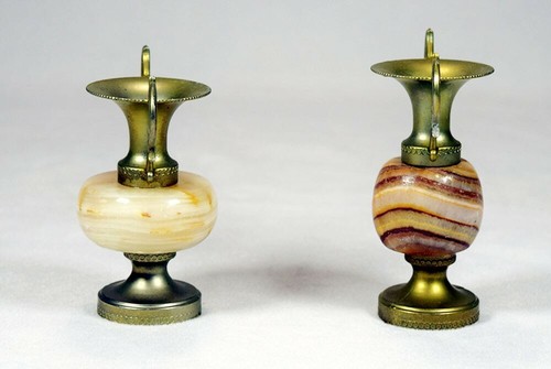 Set of 2 Vintage Small Ornate Brass Onyx Marble Stone Candle Holders Vases Urns - Picture 4 of 12
