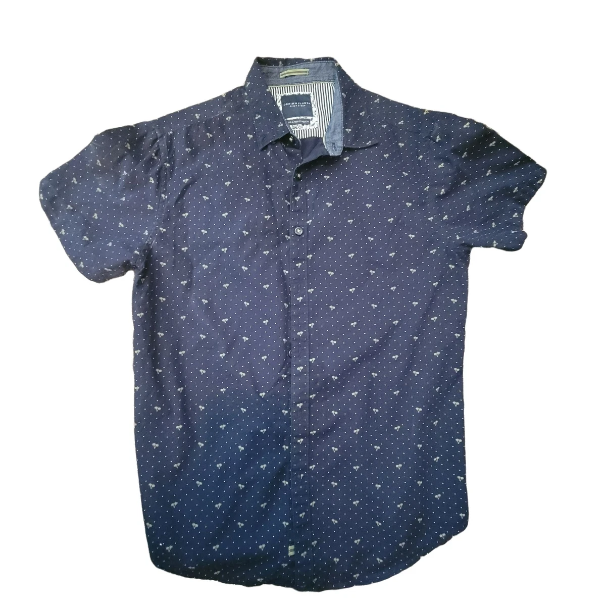 Denim Flower Men s Shirt Ricky Singh Blue Button Down with Palm Trees S GG3141