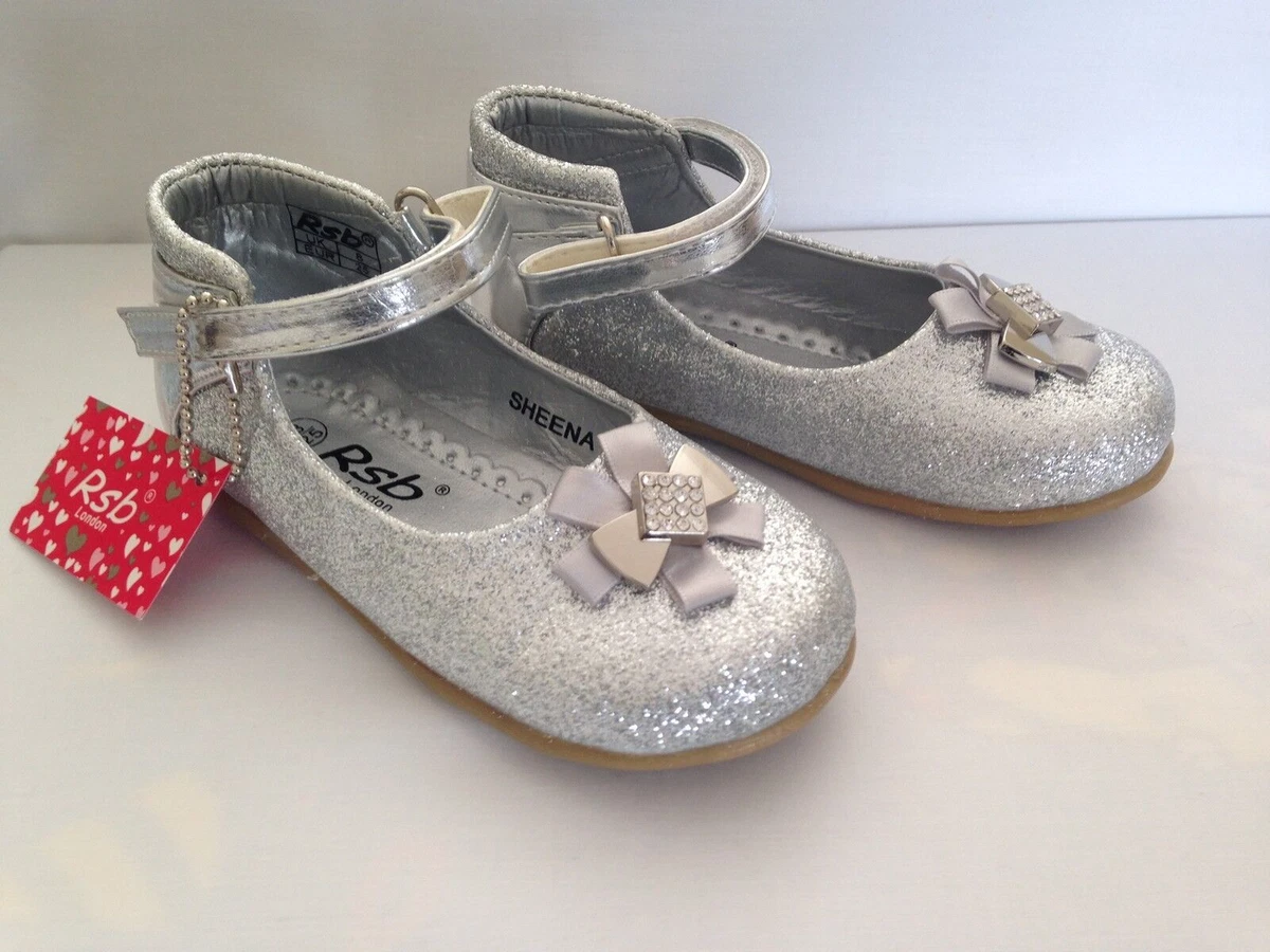 GIRLS SPARKLY SILVER SHOES KIDS PARTY WEDDING FLOWER GIRL GLITTER SHOES