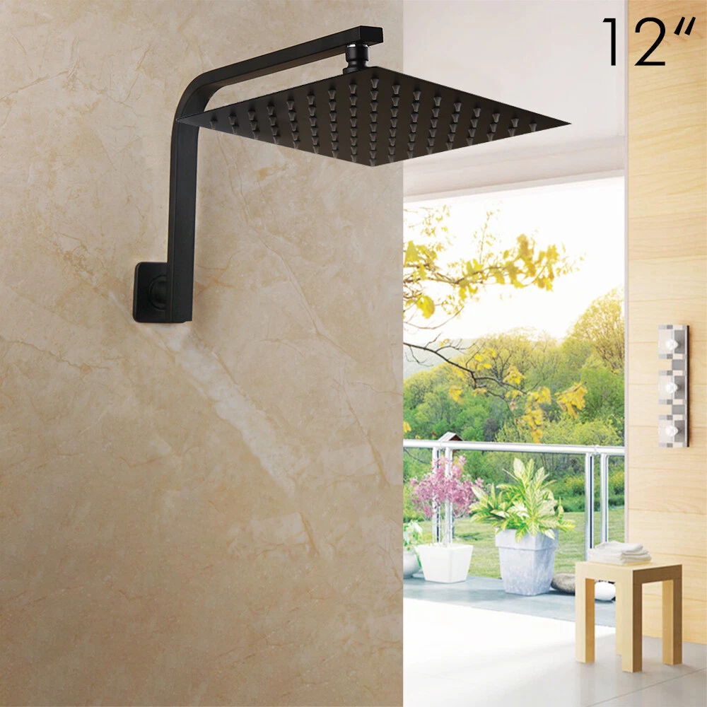 12''Black Shower Head Square Rainfall Spout Wall Mounted Mixer Tap+Gooseneck Arm