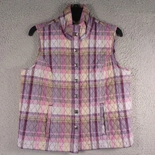 Christopher & Banks Petite Womens Purple Quilted Snap Button Vest Plaid Size PM