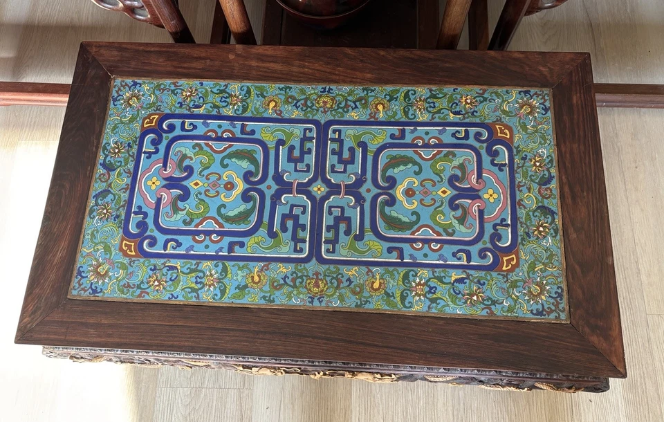 Antique Vintage Chinese Hardwood  Table With Cloisonne Inlay on Top - Image 4 of 4