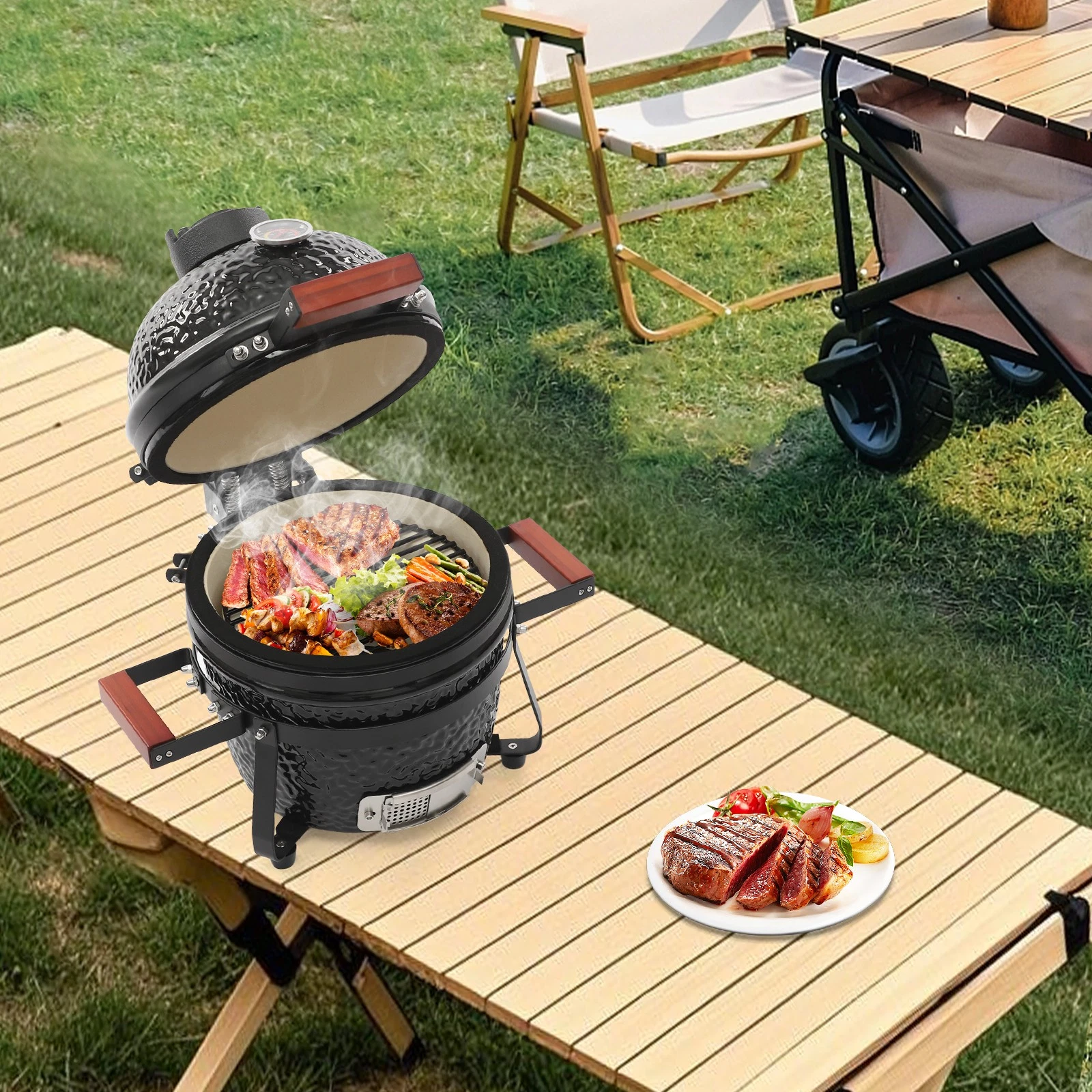 13" Ceramic Charcoal BBQ Grill Smoker Outdoor Portable Barbecue Grill With Gauge