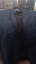 Men's Blue Patterned Tuxedo Jacket with Satin Lapels, Formal Style, Regular Size