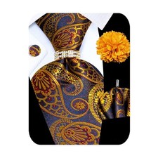 5PCS Mens Silk Designer Tie, Pocket Square, Gold Paisley Tie Set -355 7