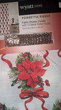Wyatt Home Poinsettia Ribbon Fabric Shower Curtain 12 Roller Hooks 72"x72" NEW