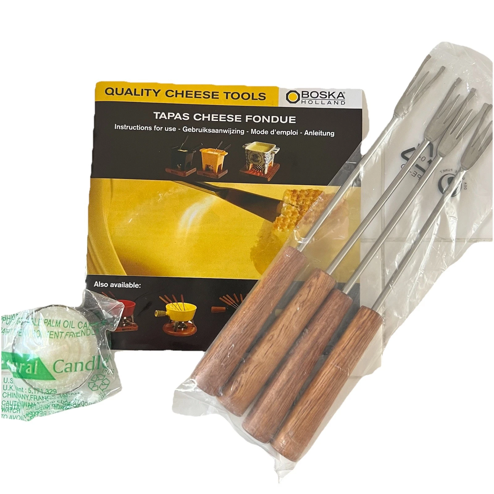 BOSKA Holland Tapas Cheese Fondue Forks, Candle, Wood & Metal Original VTG set 4