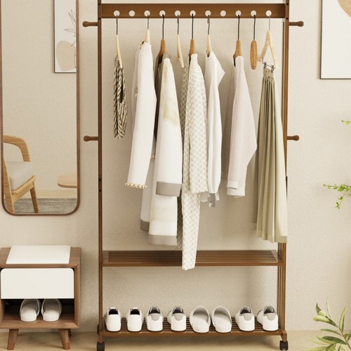 Freestanding Retro Wooden Clothes Rail Rack with Wheels & Shelves for