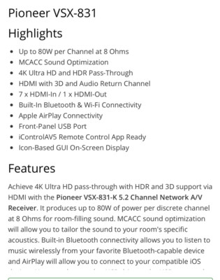 Pioneer Vsx-831 5.2-Channel Network Bluetooth HDMI A/V Pioneer Vsx-831 5.2-Channel Network Bluetooth HDMI A/V